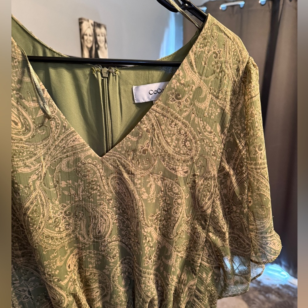 CeCe Gold and Green Asymmetrical Maxi Dress